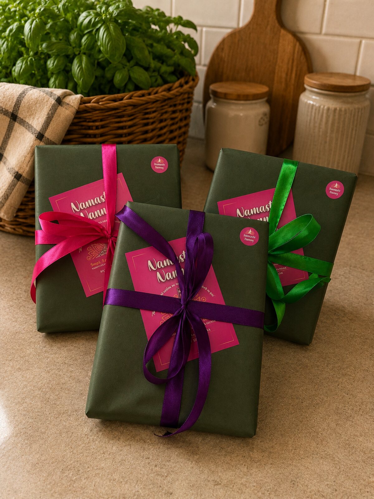 Three gift-wrapped copies of Namaste Nanny in green paper with pink, purple and green satin ribbons and gift cards