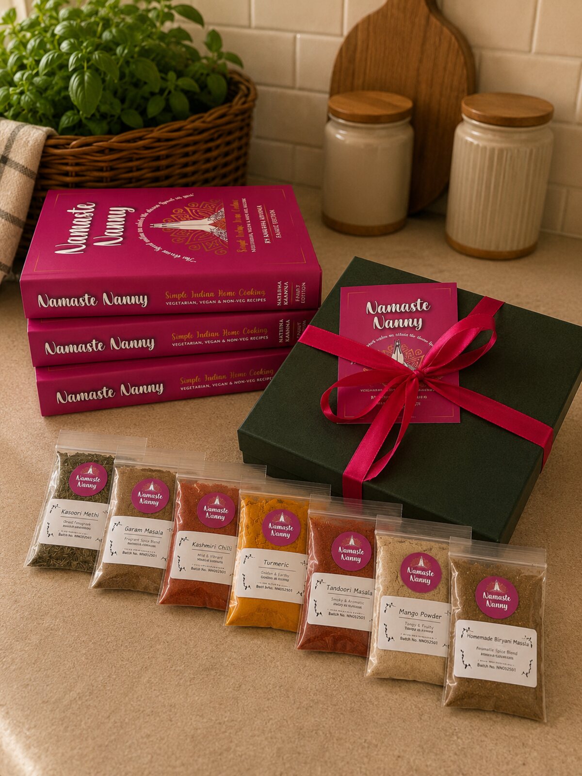 The Namaste Nanny starter spice kit: seven labelled spice sachets in front of a green gift box with pink ribbon and a stack of books